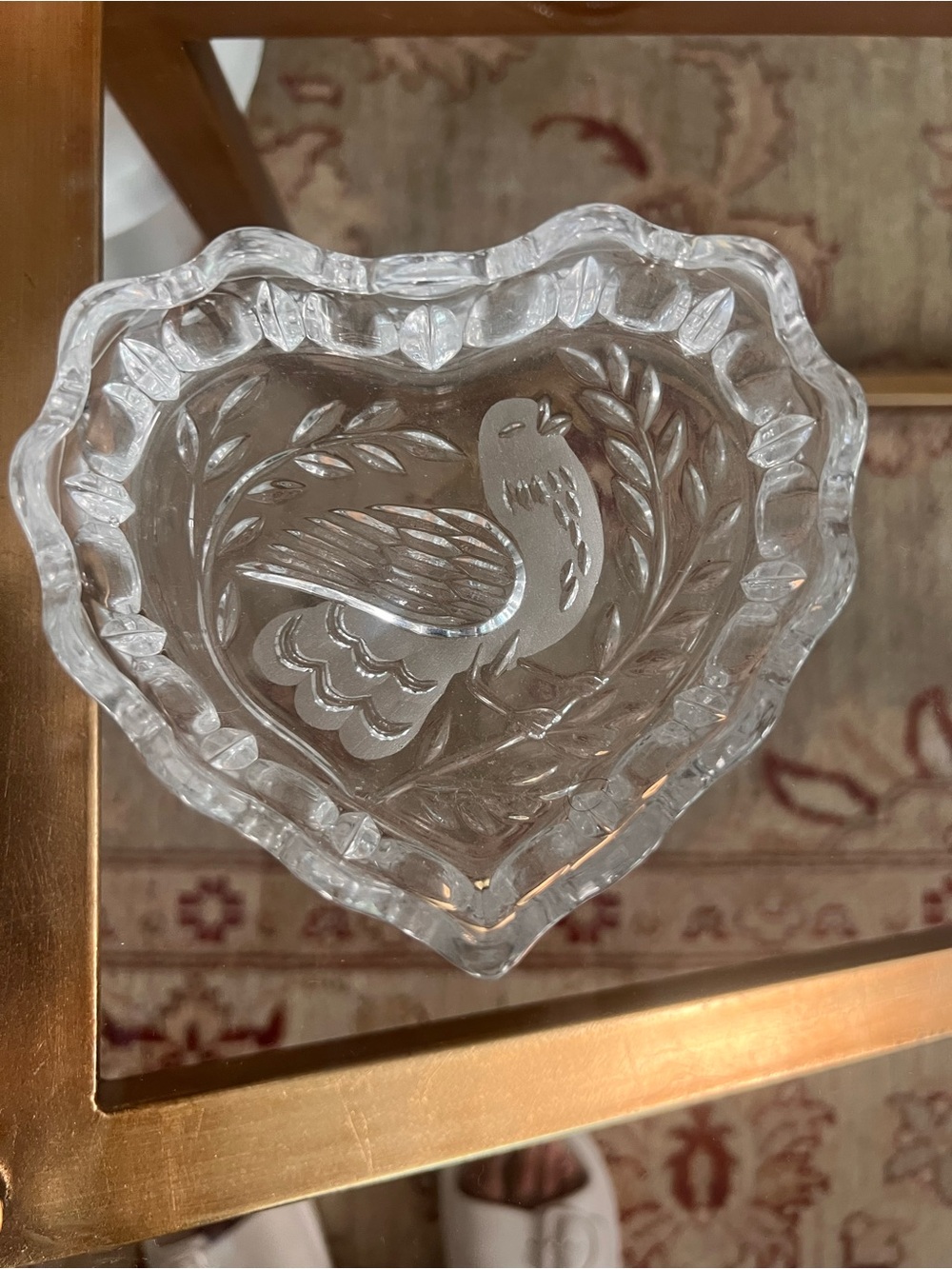 Heart-Shaped Clear Glass Trinket Dish with Etched Dove